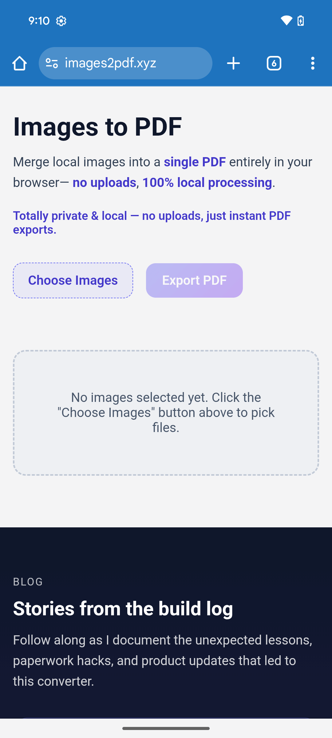 images2pdf.xyz home screen on an Android phone